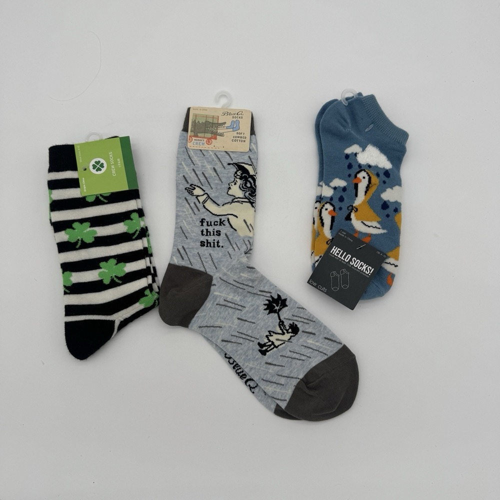 Novelty Crew Socks Lot 3 Blue Q Shamrock Ducks Funny Womens 4-10‎ NWT